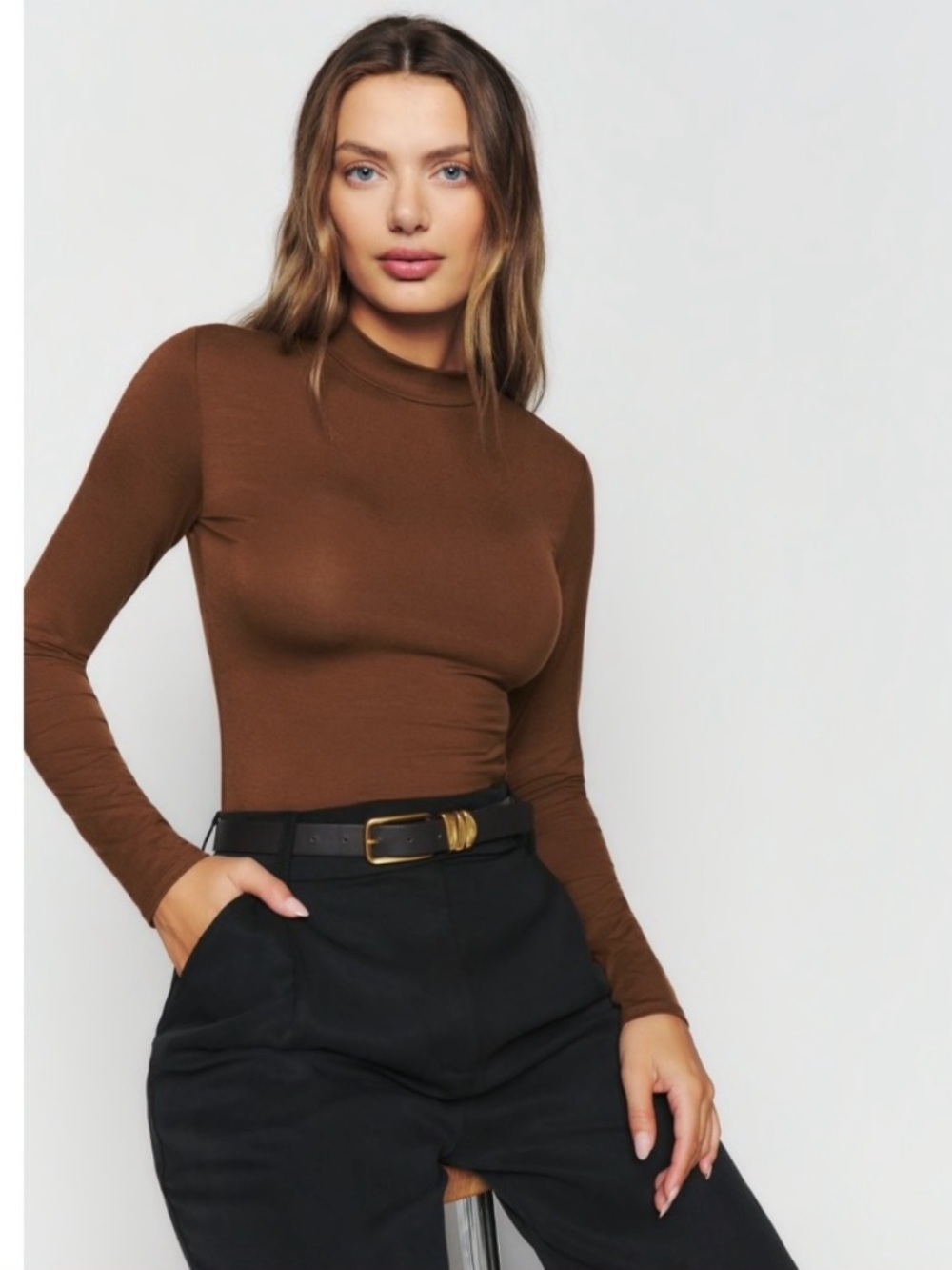 Reformation Bailey Mock Neck Top Chestnut Brown Fitted Long Sleeve Small